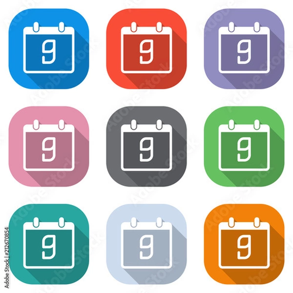 Obraz calendar with 9 day, simple icon. Set of white icons on colored squares for applications. Seamless and pattern for poster