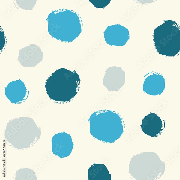 Fototapeta Navy, sky, cornflower, steel blue, cyan watercolor hand painted polka dot seamless pattern on beige background. Acrylic ink circles, confetti round texture. Abstract vector illustration greeting cards