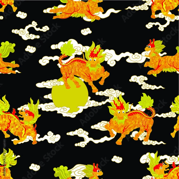 Fototapeta The kirins are the popular mascot, Chinese unicorns and mythical Chinese animals. They are commonly mistranslated as giraffes. These animals are blessings for children growing happily and healthily.