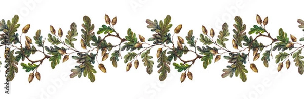 Fototapeta Bezszwowe akwarela gałąź dąb granicy