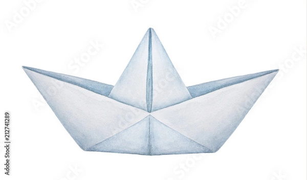 Fototapeta Watercolour illustration of classic folded paper boat. One single object, side view. Symbol of childhood, dreams, travel, freedom. Handdrawn water color painting on white background, cut out clip art.