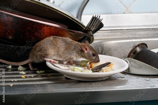 Fototapeta Zakończenie młody szczur obwąchuje resztki na talerzu na zlew w kuchni (Rattus norvegicus). Walcz z gryzoniami w mieszkaniu. Eksterminacja.