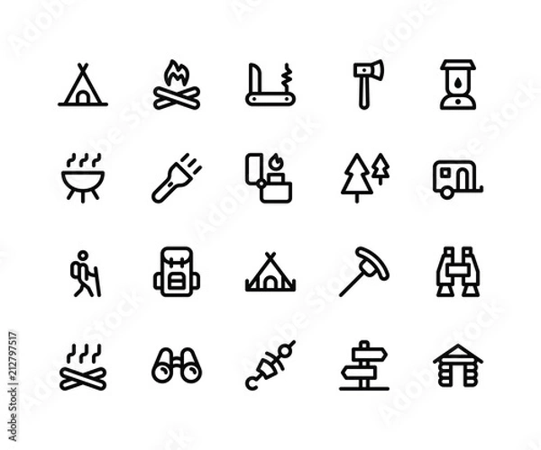 Fototapeta Simple Set of Camping Related Vector Line Icons. Contains such Icons as Camp, Fire, Knife, Hatchet, Lamp and More. pixel perfect vector icons based on 32px grid editable strokes.