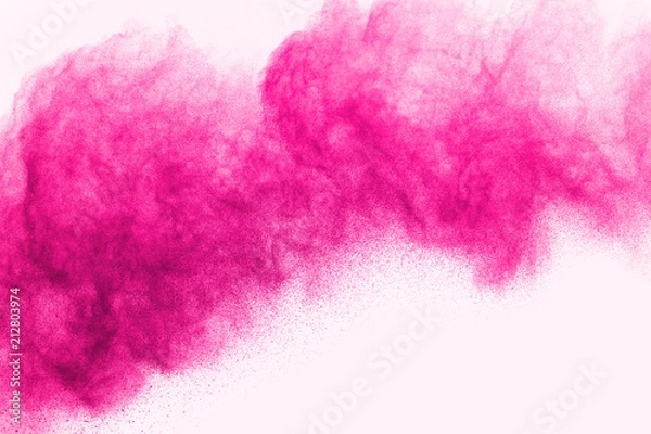 Fototapeta Abstract pink powder splatted on white background,Freeze motion of color powder exploding/throwing color powder, colored glitter texture.
