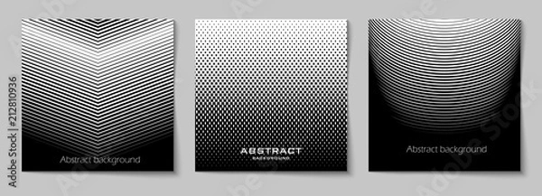 Fototapeta Set of square abstract backgrounds with halftone pattern in black and white colors. Design template of flyer, banner, cover, poster. Vector illustration