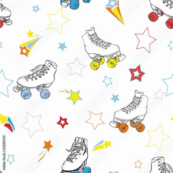 Fototapeta Roller Skates with Stars in rainbow colors vector seamless pattern background.