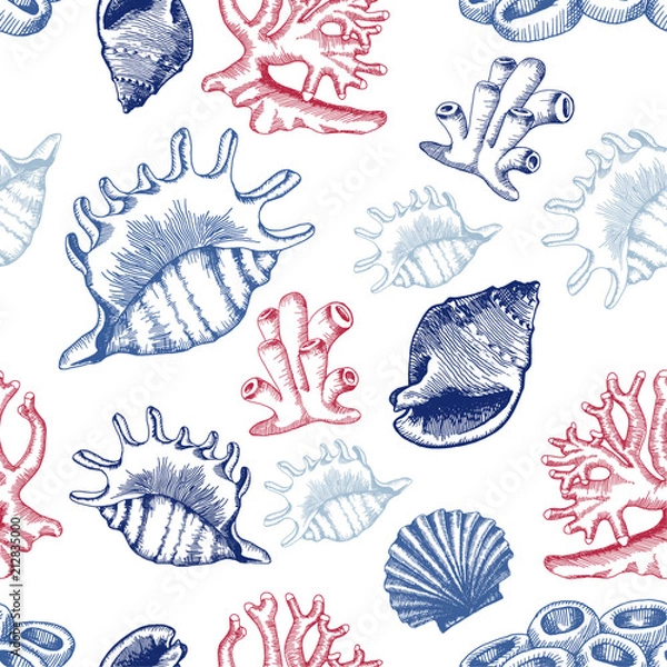 Fototapeta Seamless pattern with shells and corals. Sketch style. Vector