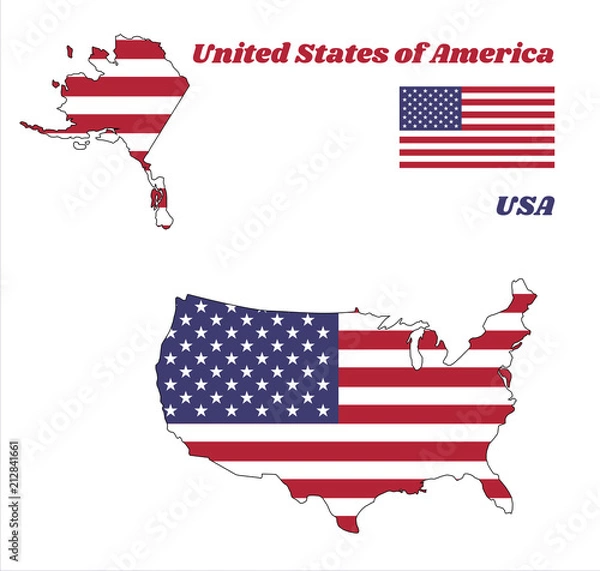 Fototapeta Map outline of USA, horizontal stripes of red and white with fifty white stars on a blue field, text name United States of America.