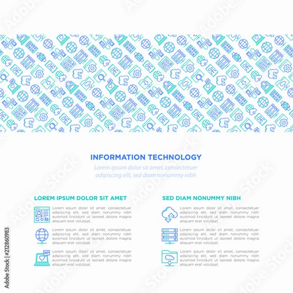 Fototapeta Information technology concept with thin line icons: social network, system backup, search, LAN network, connection, API, feedback, video call. Modern vector illustration, web page template.