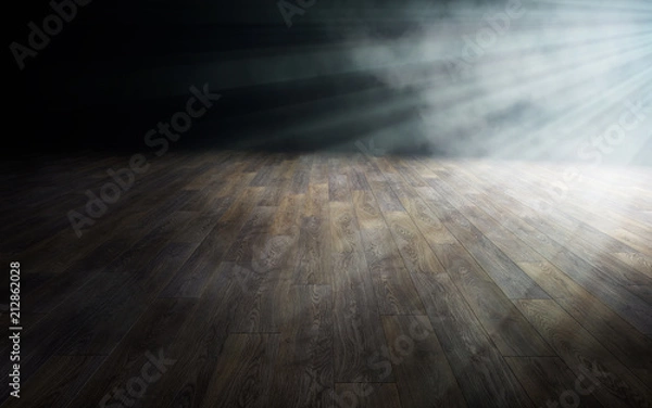 Fototapeta Light on wooden floor in empty room. 3d rendering