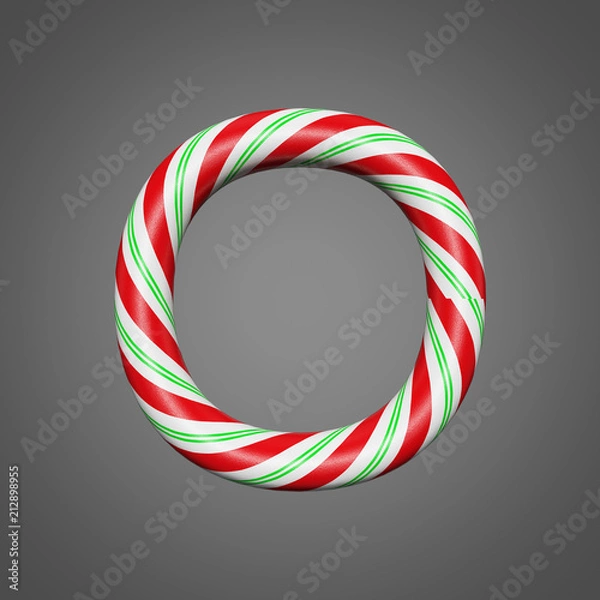 Fototapeta Festive alphabet letter O uppercase. Christmas font made of mint striped candy canes. 3D render on gray background.