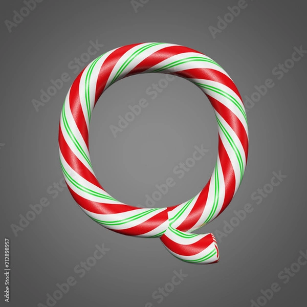 Fototapeta Festive alphabet letter Q uppercase. Christmas font made of mint striped candy canes. 3D render on gray background.
