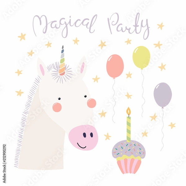 Fototapeta Hand drawn birthday card with cute funny unicorn, balloons, cupcake, quote Magical party. Isolated objects. Scandinavian style flat design. Vector illustration. Concept for kids print.