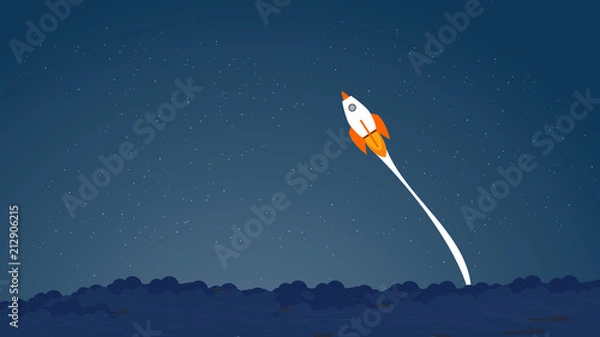 Fototapeta Picture of rocket flying above clouds, business startup banner concept, flat style illustration. Succes concept, pass the limits concept