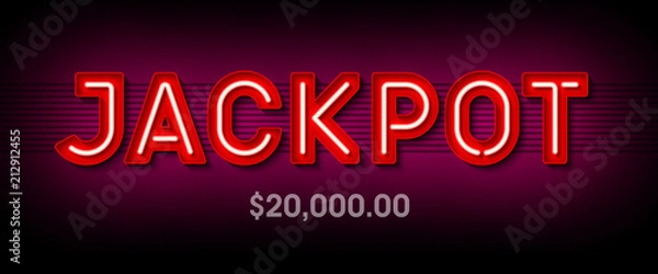 Obraz Jackpot, jasny baner w stylu Broadwayu z wygraną. Szablon reklamy kasyna lub loterii