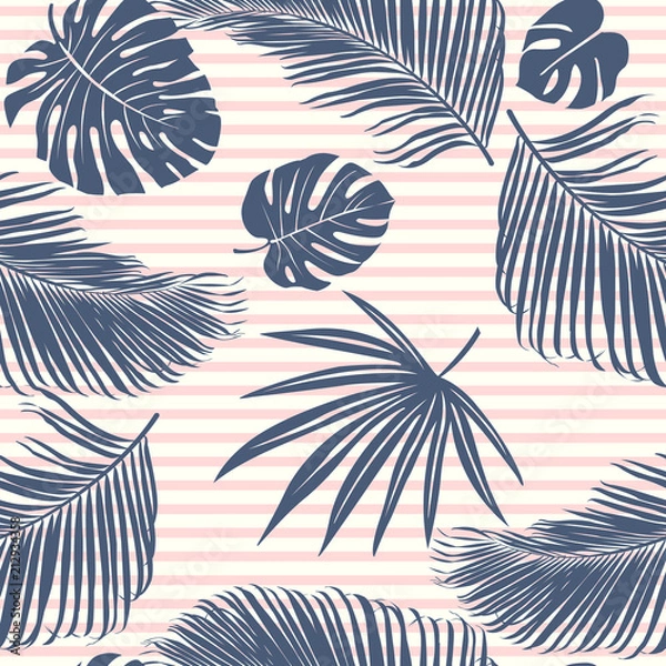 Fototapeta Summer Navy pink tropical forest leaves bright mood on sky blue stripe seamless pattern for fashoin fabric, wallpaper and card.