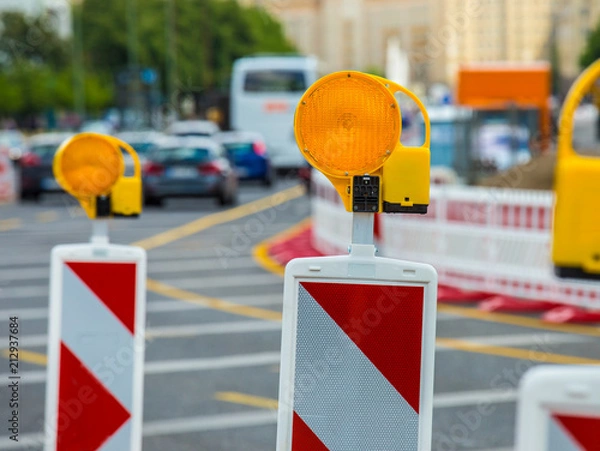 Obraz with warning lights a road construction site is secured
