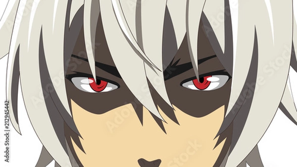 Fototapeta Cartoon face with red eyes on white background. Web banner for anime, manga in japanese style. Vector illustration