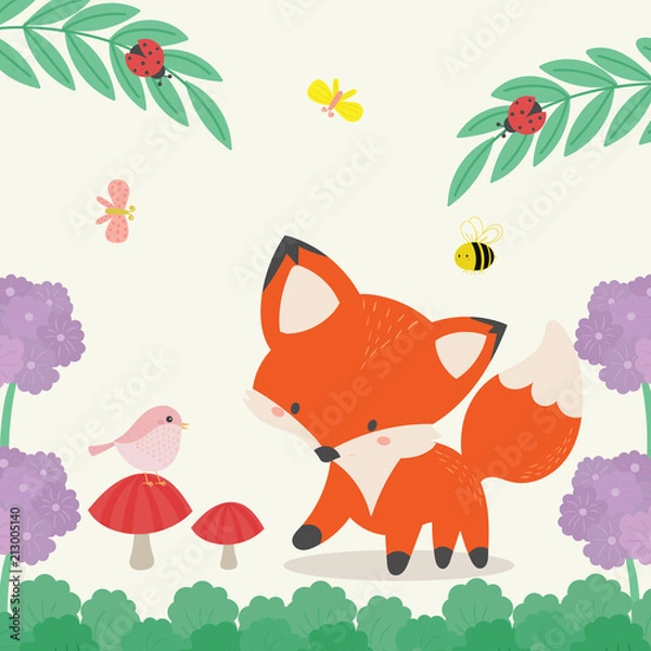 Fototapeta Cute fox in the wild illustration. Hand drawn art.