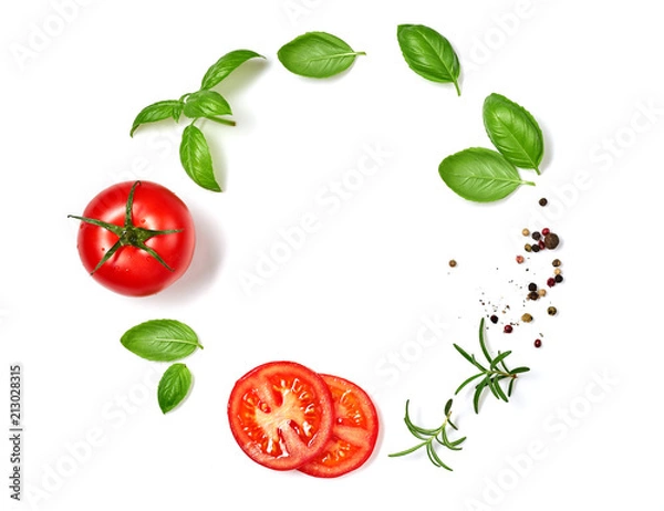 Fototapeta Ripe red tomatoes with basil, rosemary and pepper isolated on white background. Top view.