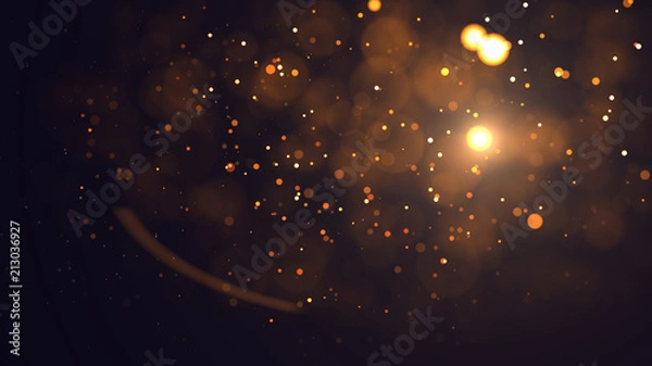 Fototapeta Gold abstract bokeh background. real backlit dust particles with real lens flare. glitter lights . Abstract Festivevintage lights defocused. Christmas and New Year feast.