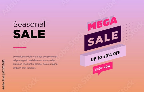 Fototapeta Sale banner template design. Web banner with neon light and modern 3d isometric infographic for your site. Isometric gradient style. Home page concept.