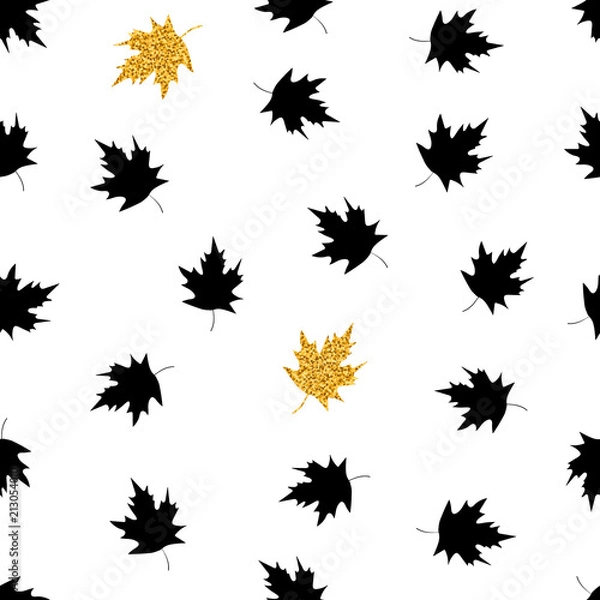 Fototapeta Seamless pattern with black and gold maple leaves on the white background
