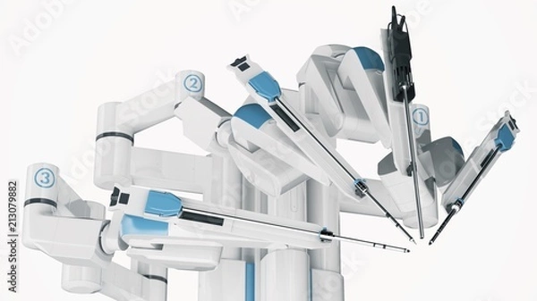 Fototapeta Medical robot surgery. Modern medical technologies. Robotic arm isolated on white background. 3D rendering