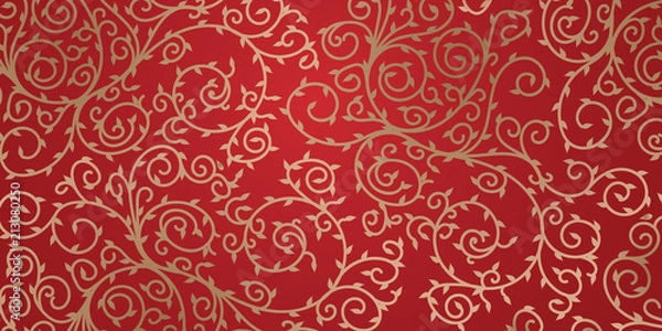 Obraz Chines red background vector design illustration. Minimal floral surface with leaves.
