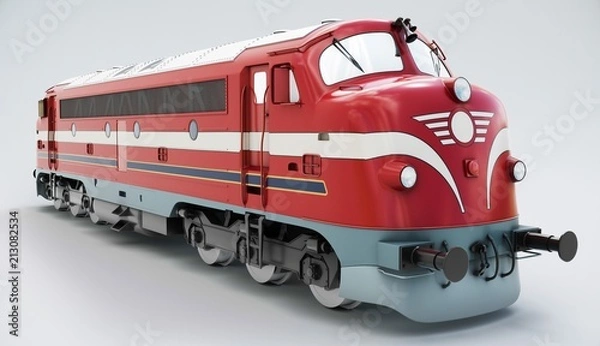 Fototapeta Pociąg nostaligi. Lokomotywa oleju napędowego izolowana na białym tle. Renderowanie 3D