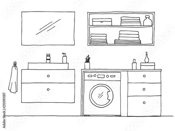 Fototapeta Hand drawn sketch. Linear sketch of an interior. Part of the bathroom. Vector illustration.