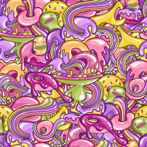 Obraz Colorful seamless pattern with doodles monsters eating donut. Lots of donuts in the mouth of cute little man with big head. Bright colors with highlights. Vector background.