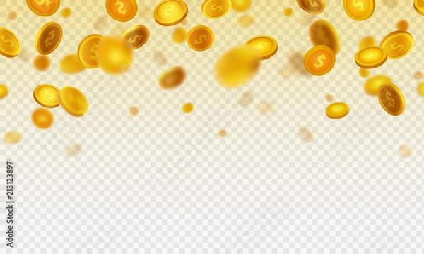 Fototapeta Stock vector illustration defocused realistic falling gold coins. Rain from money. Isolated on transparent checkered background EPS10