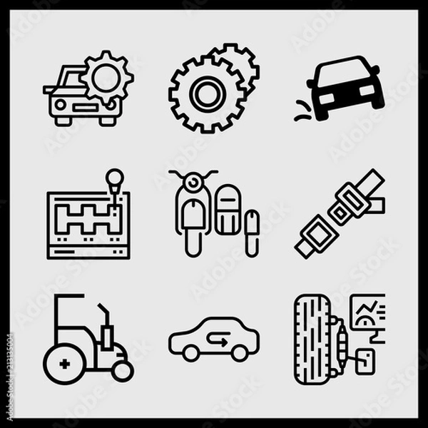 Fototapeta Simple 9 icon set of car related sidecar, tractor, gears and car vector icons. Collection Illustration