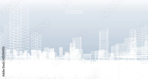 Obraz Abstract wireframe city background. Perspective 3D render of building wireframe. Vector.