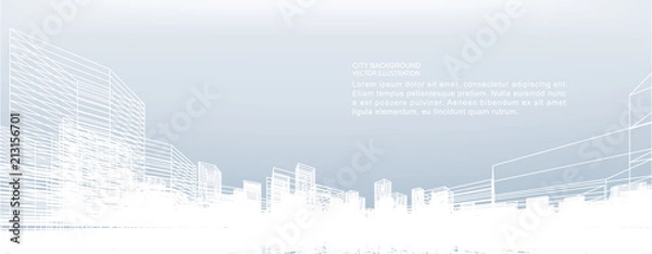 Fototapeta Abstract wireframe city background. Perspective 3D render of building wireframe. Vector.