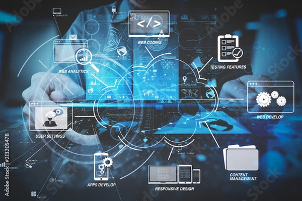 Fototapeta biznesmen ręka pracuje z nowoczesnym komputerem w nowoczesnym biurze z wirtualnym diagramem ikon