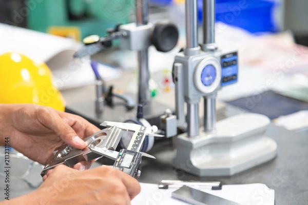 Fototapeta close up of hand measure part precision by vernier caliper in machinery shop