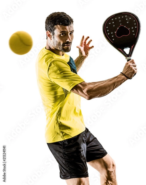 Fototapeta one caucasian man playing Padel tennis player isolated on white background