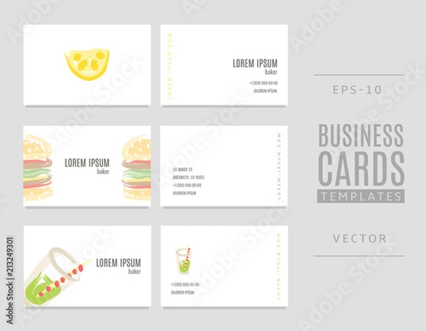 Fototapeta Business cards for bakers, shops and confectioneries with lemon, hamburger and soda.