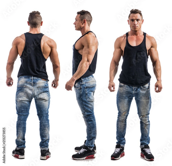 Fototapeta Three views of muscular male bodybuilder: back, front and profile shot