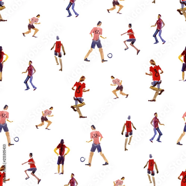 Fototapeta Seamless background. Soccer players kicks the ball with paint splatter design. footballer. isolated on white background. watercolor illustration. Shooting soccer player.