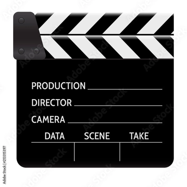 Fototapeta Clapperboard - movie clapper vector. Open black clapper board for the action scene or filming and shooting movie. Cinéma. Filmklappe geöffnet und leer.