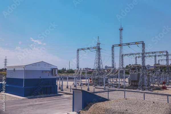 Fototapeta Electrical substation of 110 and 220 kV switchgear, current transformers, substation maintenance and safety systems
