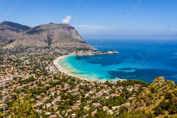 Fototapeta Panoramic view of the seaside resort town of Mondello in Palermo, Sicily. White beach and turquoise crystal clear sea. HD View of the gulf from the top of Monte Pellegrino.