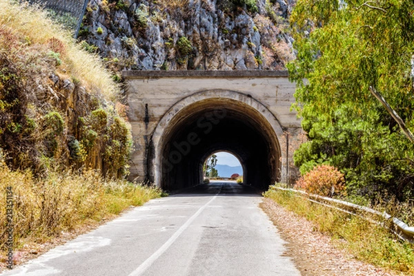 Obraz Empty mountani road with tunnel in Pellegrino mount in Palermo, Sicily.