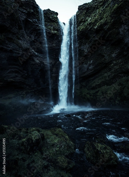 Fototapeta A wild natural fresh sparkling waterfall in a lonely green valley with moos covered rocks and ice cold mountain water flowing down black rocky walls on a rainy moody day in Iceland without tourists