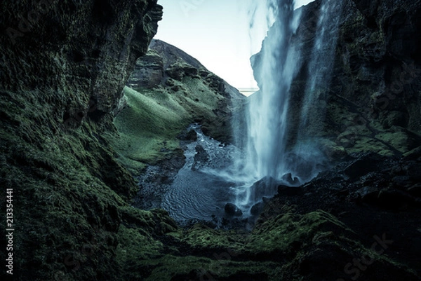 Fototapeta A wild natural fresh sparkling waterfall in a lonely green valley with moos covered rocks and ice cold mountain water flowing down black rocky walls on a rainy moody day in Iceland without tourists