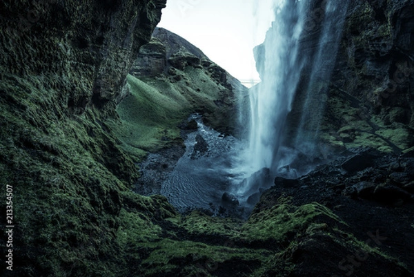 Fototapeta A wild natural fresh sparkling waterfall in a lonely green valley with moos covered rocks and ice cold mountain water flowing down black rocky walls on a rainy moody day in Iceland without tourists
