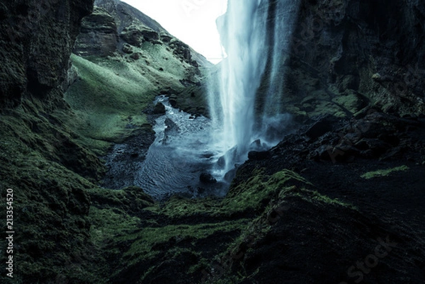 Fototapeta A wild natural fresh sparkling waterfall in a lonely green valley with moos covered rocks and ice cold mountain water flowing down black rocky walls on a rainy moody day in Iceland without tourists
